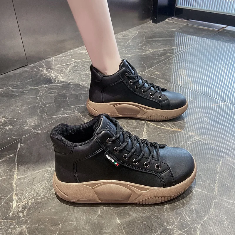 Autumn High Top Vulcanized Shoes Ladies Thick Bottom Boots Pu Leather Winter Booties