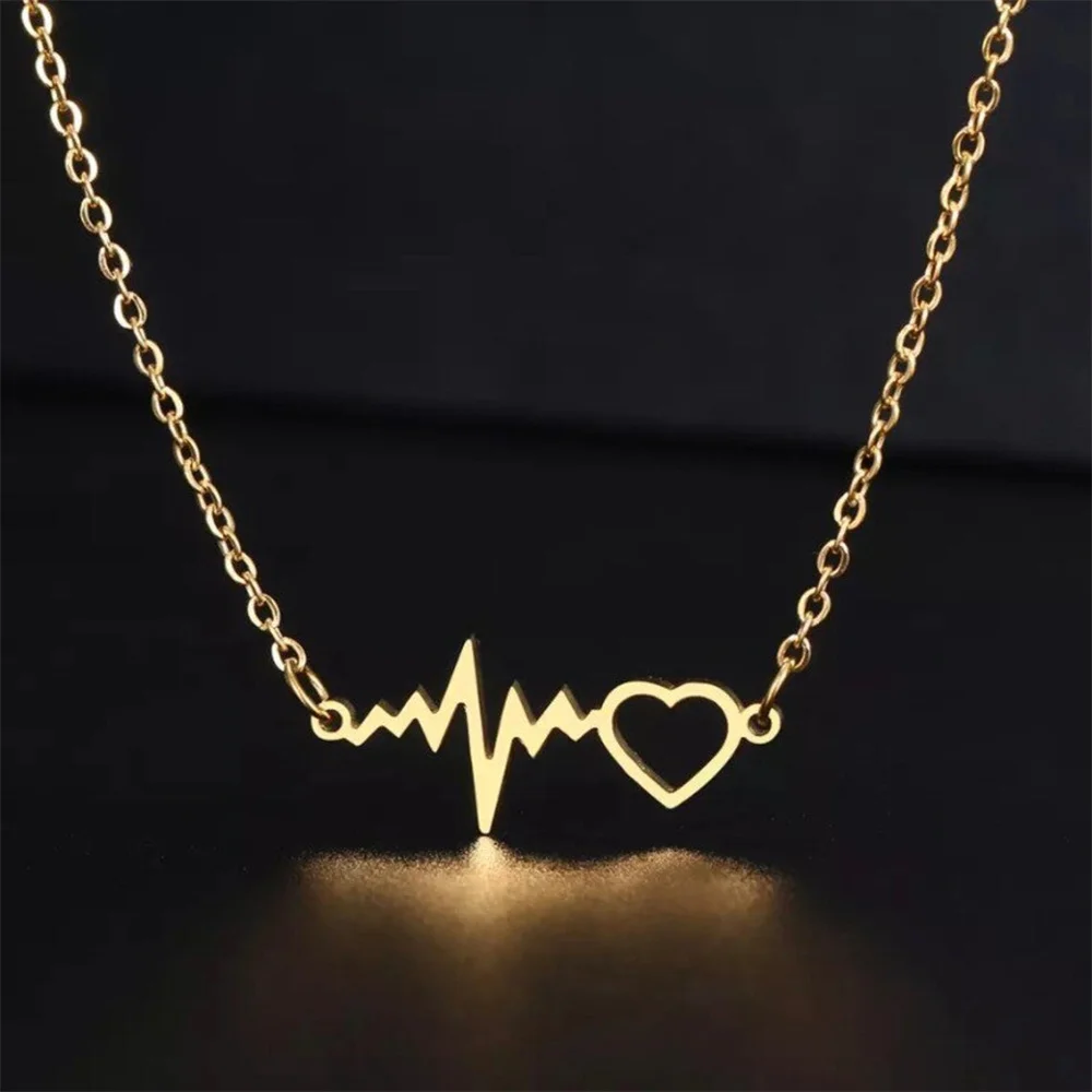 

Simple Heart Wavy Stripe ECG Pendant Stainless Steel Heartbeat Necklace for Women Couples Charm Clavicle Chain Collar Jewelry