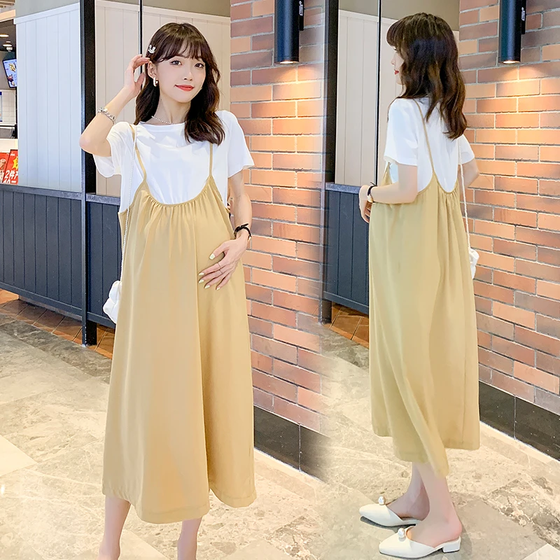 

509# 2022 Summer Patchwork Maternity Long Dress Elegant Sweet Cute Loose Clothes for Pregnant Women Chic Ins Pregnancy Clothing