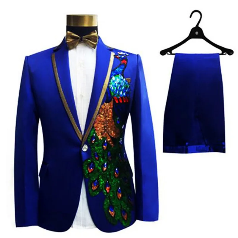 (Jacket+Pants+Bow Tie) 3 Piece Suit Male Set Rhinestones Performance Formal Outfits Wedding Suits Host Singer Evening Costume