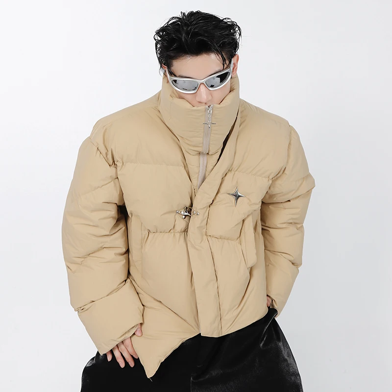 

ZCSMLL Irregular Men Cotton Coat Metal Design Thickened 2022 Solid Color High Neck Zipper Korean Fashion Male Jacket