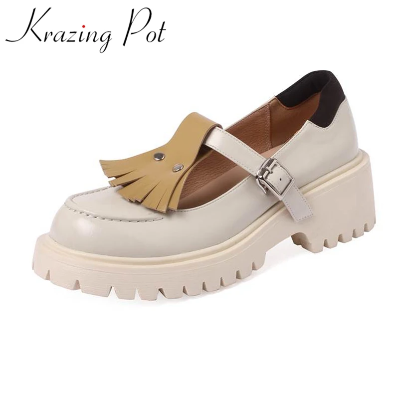 

Туфли Krazing Pot на толстом высоком каблуке, кожа с натуральным лицевым покрытием, круглый носок, бахрома, пряжка, ремешок, повседневные, смешанн...