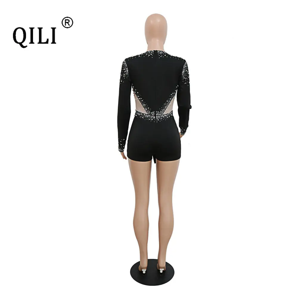 QILI Long Sleeve Rompers Womens Jumpsuit Diamonds Bubble Bead Jumpsuit Women Rompers Black Blue Bodysuits Playsuits New