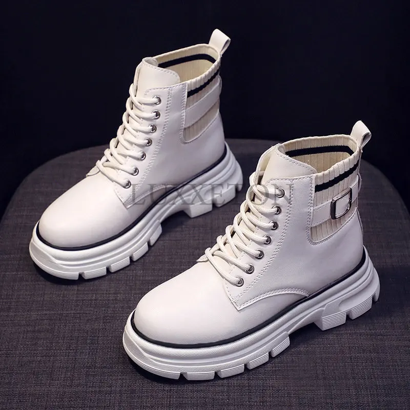Women Ankle Boots Thick Soled Socks  Heel Shoes Pu Elegant Medium Elastic White Fashion 2022 New