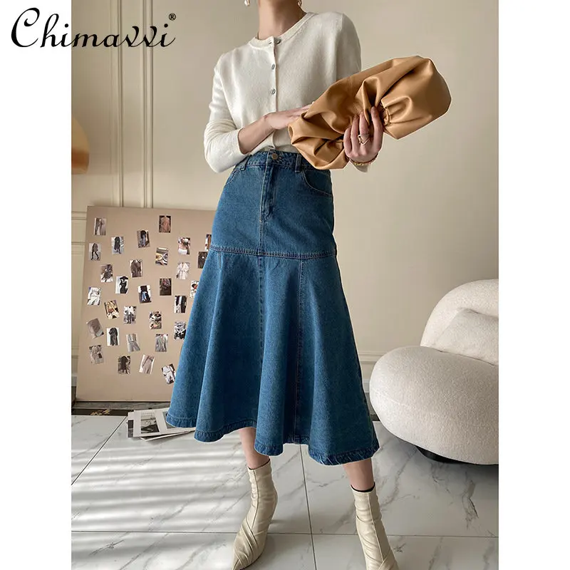 

Fishtail Denim Skirt for Women 2023 Spring and Autumn New High Waist Slimming Mid-Length Skirt Leisure Office Lady Skirt