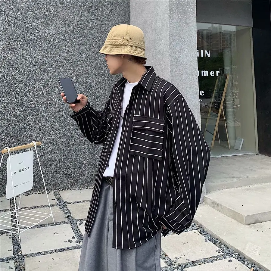 2022 Spring New Hong Kong Style Retro Striped Shirt Slim Long-sleeved Shirt Loose Ruffian Handsome Wild Shirt Jacket Streetwear