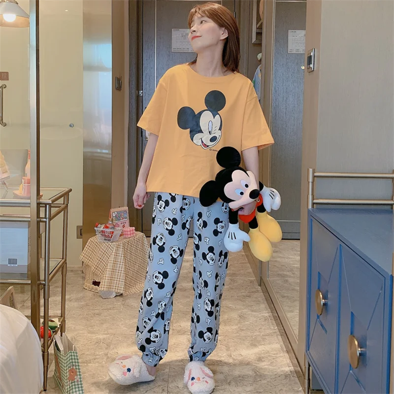 Disney Anime Mickey Mouse Soft Women's Pajamas Set Summer 2022 New Short Sleeve Top Pajama with Pants Casual Sleepwear Suit