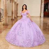 lilac quinceanera dresses ball gown princess sweet 16 v neck 3d flower appliques beading off shoulder grils party vestidos de 15