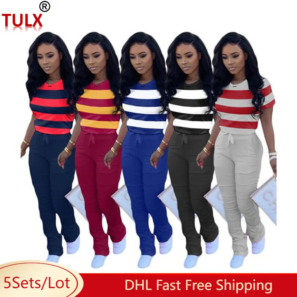 

5 Wholesale Two Piece Set Women Outfits Short Sleeve Striped T-shirt Stacked Leggings Matching Sets Casual Active Tracksuit 8423