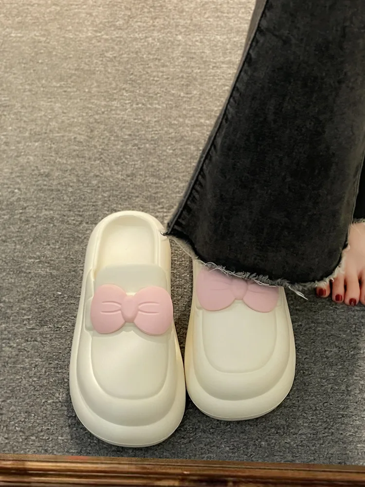 

Home Slippers Women's Med Cover Toe Shoes Slides Pantofle Fashion Butterfly-Knot Massage Flat 2023 Luxury Rome PU Fabric