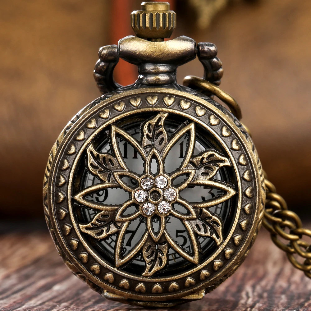 

Openwork Flower Quartz Pocket Watch Pendant Vintage Bronze Pocket Watches Clocks Thin Chain Arabic Numeral White Dial Necklace