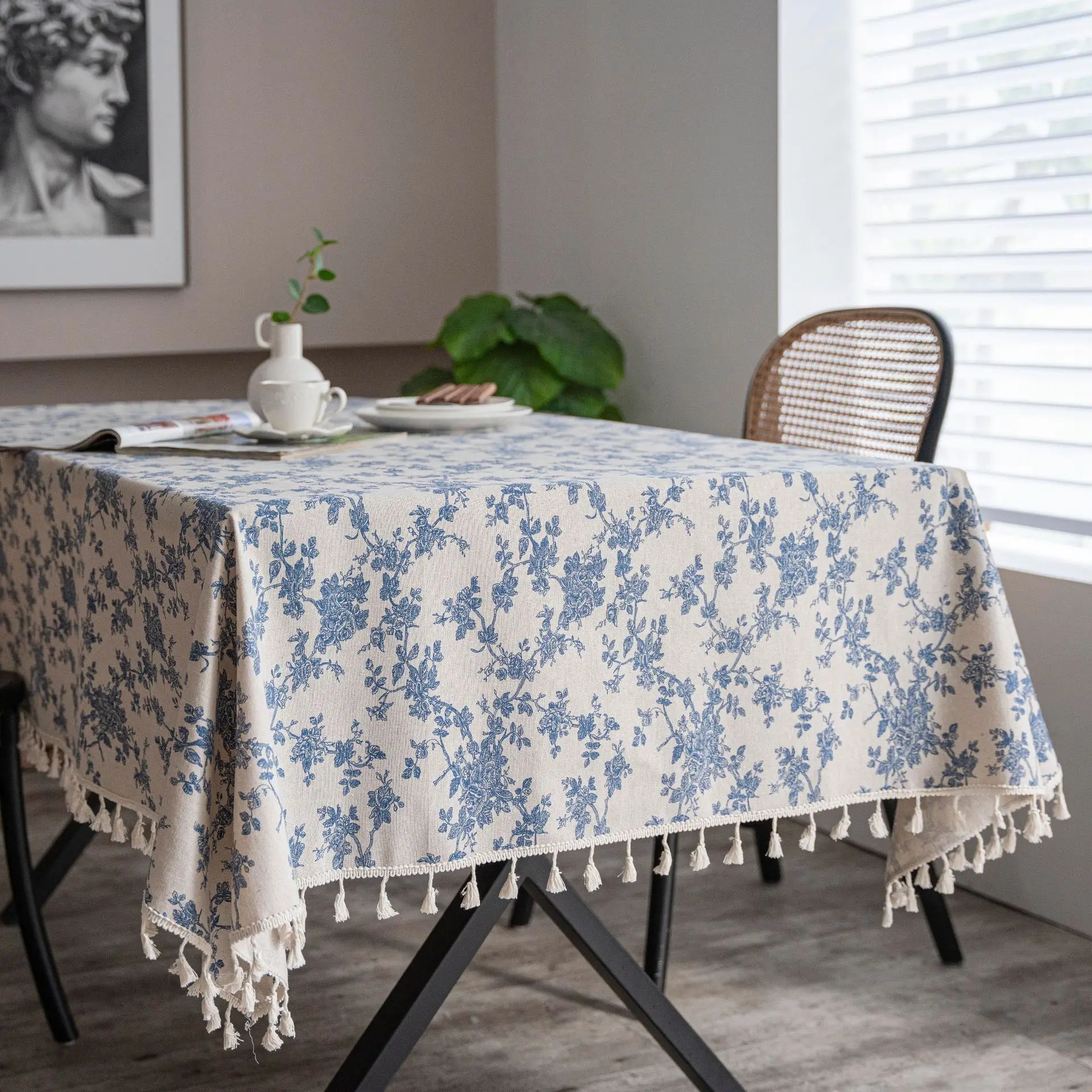 

Retro Flower Print Tablecloth Cotton Linen with Tassel Rectangular for Dining Table Wedding Background Decor Coffee Table Cover