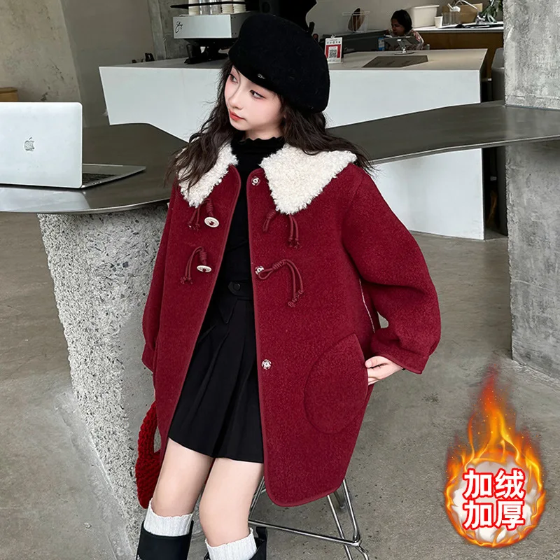 Красное пальто для девочек на осень и зиму плюс флисовое утепленное шерстяное 2024