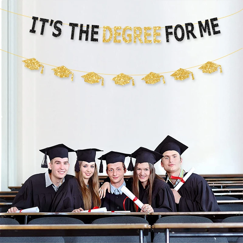 

Черно-золотистая надпись It's The Degree для меня, Золотой блестящий врачебный головной убор, флаг, поздравления, выпускной, искусственные украшения