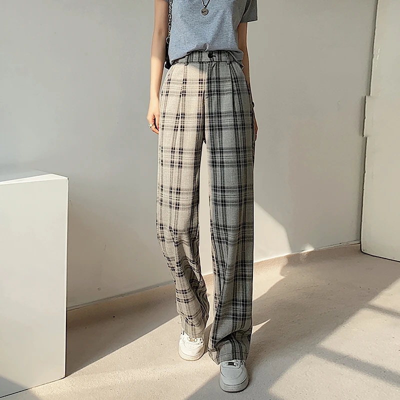 

Women Spring Plaid Printed Pants High Waist Wide Leg Pants Y2K Clothes Casual Loose Trousers Female Pantalones Mujer 8005