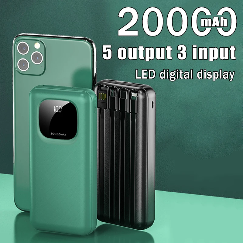 

Внешний аккумулятор большой емкости на 20000 мАч со светодиодным дисплеем и 4 кабелями