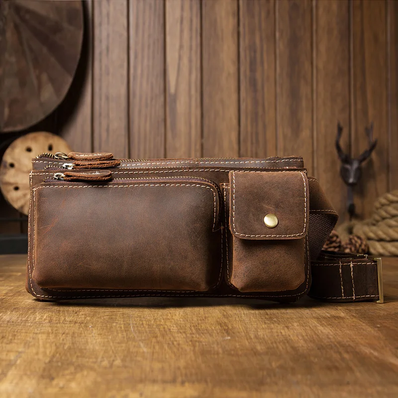 

Handmade casual men's genuine leather waist bag retro cowhide chest bag outdoor sports crazy horse leather Japanese and Korean p