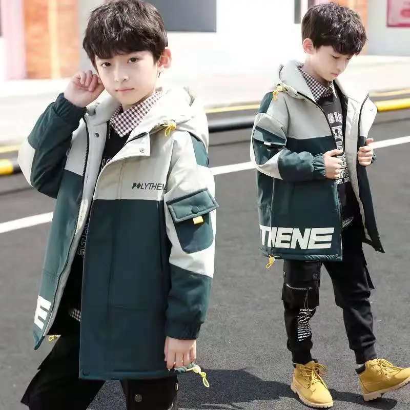 

Boys Autumn Windbreaker Spring Jacket Children's Mid-length Casual Handsome Patchwork Hood Outerwear Fall Clothes for Kids Coats