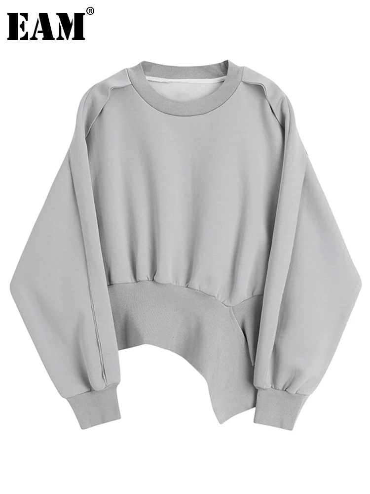 

[EAM] Loose Gray Big Size Asymmetrical Sweatshirt New Round Neck Long Sleeve Women Big Size Fashion Spring Autumn 2022 1DD2532