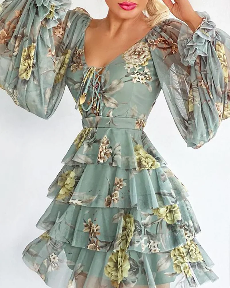 

Women Blue Mini Dress 2023 New Spring Summer V Neck Ruffles High Waist Floral Flower Mini Dress Sexy