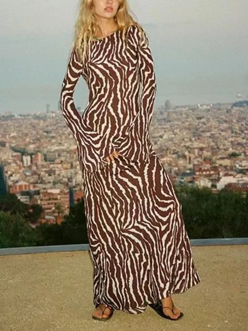 

Женское облегающее платье-макси в полоску, Элегантное длинное шелковое платье-Русалка с расклешенным рукавом и круглым вырезом в стиле ретро, новинка 2023