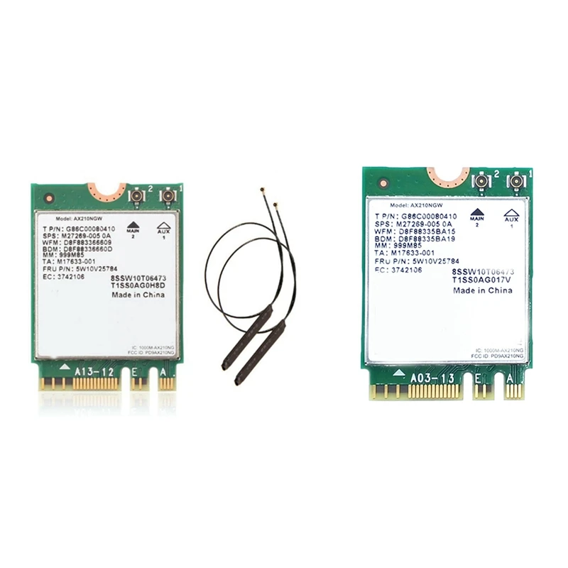 

2 Set WI-FI 6E AX210 Bluetooth 5.2 2400Mbps M.2 Wireless Card AX210NGW 2.4Ghz/5G 802.11Ax Wifi 6 With Antenna, A & B