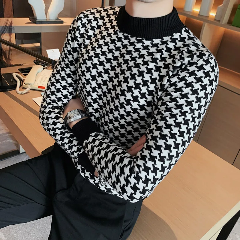 

Свитер/мужской вязаный качественный пуловер подходит для мужчин повседневная брендовая вязаная зимняя осень 2023 облегающая Мужская Высокая рубашка модная клетчатая одежда