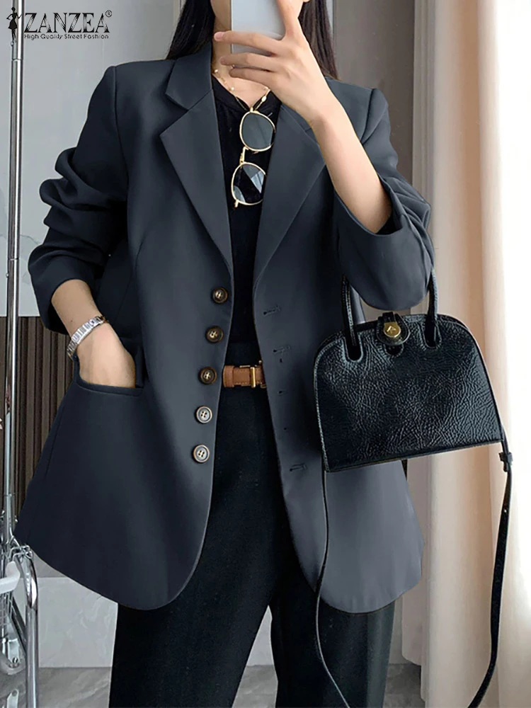 ZANZEA Women Suits Blazer Spring Autumn Long Sleeve Outwears Casual Solid Single Breasted Suits Coats Office Lady Casual Blazer