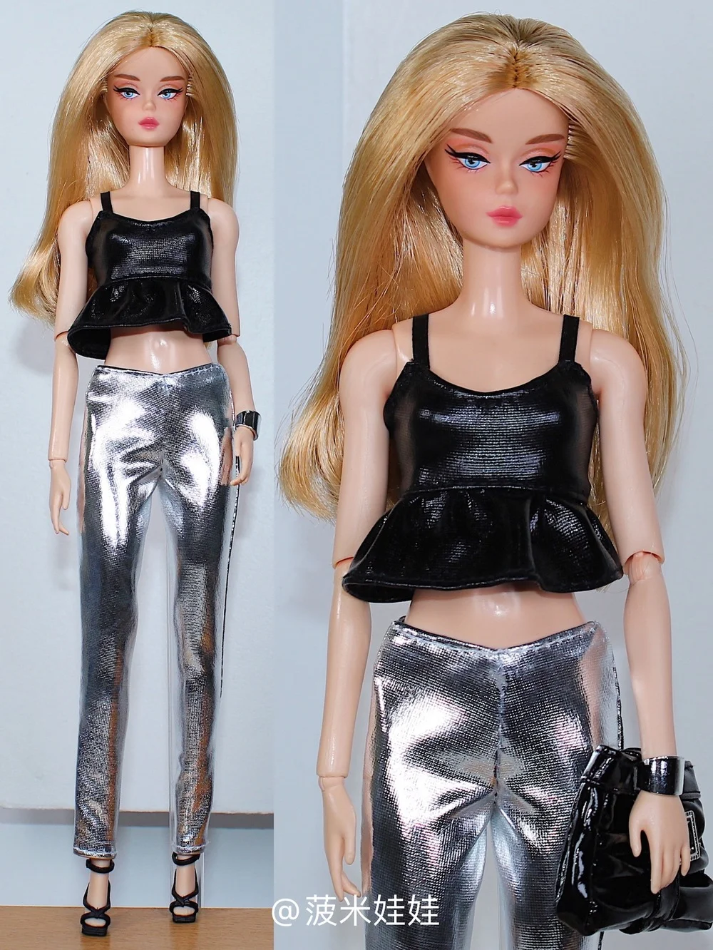 

Black top + silver leather pant clothes set / clothing suit cool outfit For 1/6 BJD Xinyi FR ST Barbie Doll / 30cm doll clothes