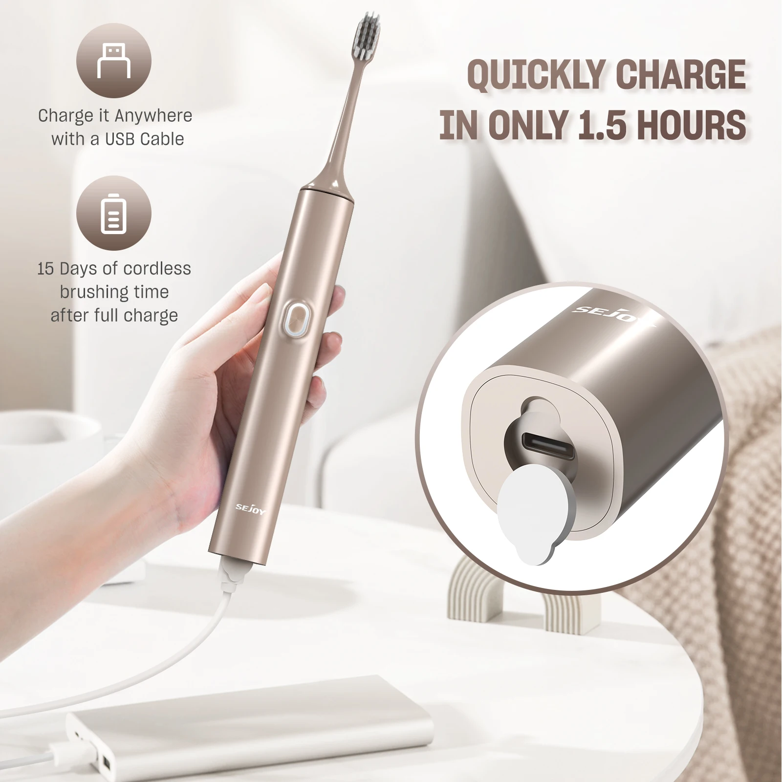 Sejoy T512 Зубная щетка USB Перезаряжаемая 4 режима Звуковая электрическая зубная