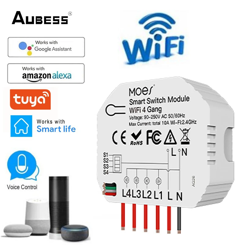 

Умный светильник ель Aubess, Wi-Fi, 4 клавиши, 1/2 каналов, модуль «сделай сам», приложение Smart Life/Tuya, беспроводной пульт дистанционного управления, м...