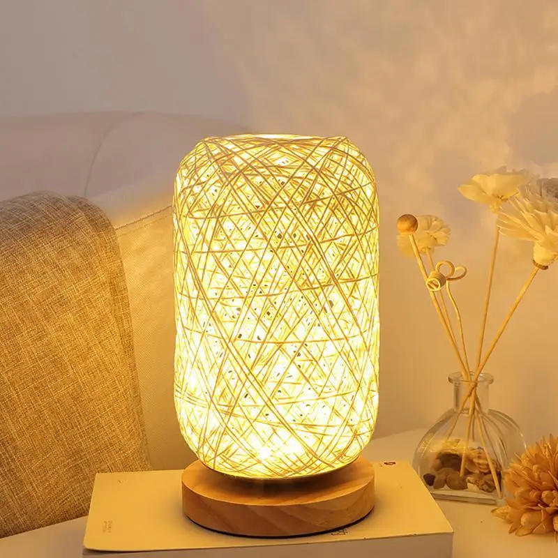 

Wooden Rattan Twine Table Lamp Dimmable Home Art Decoration Led Night Light Bedroom Bedside Desk Decor Night Lights Accessories