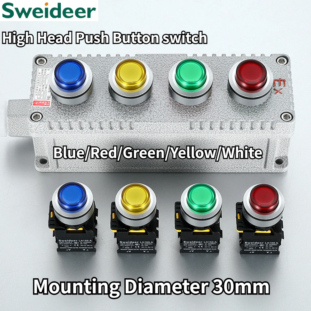 

30mm High Head Button Switch with Light Waterproof Momentary Reset Locking Power Button Switch 12V 24V 220V 1NO1NC Panelboard