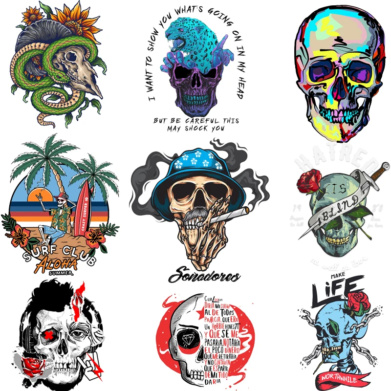 

Hippie Punk Skull Patches for Clothing Stickers Flower Snake Letters Skull Iron-on Transfers for Clothes Girl T-shirts Appliques