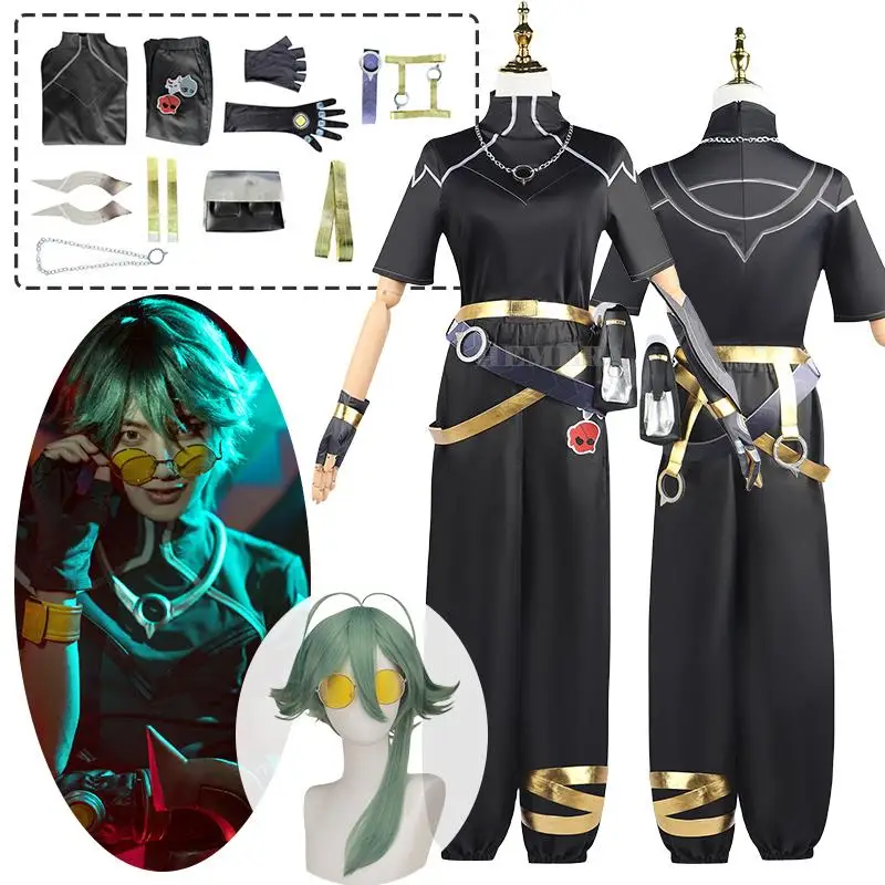 Ezreal Косплей Игра Heartsteel Team EZ Костюм Парик Черный Топ Брюки Униформа Очки Наряд Для