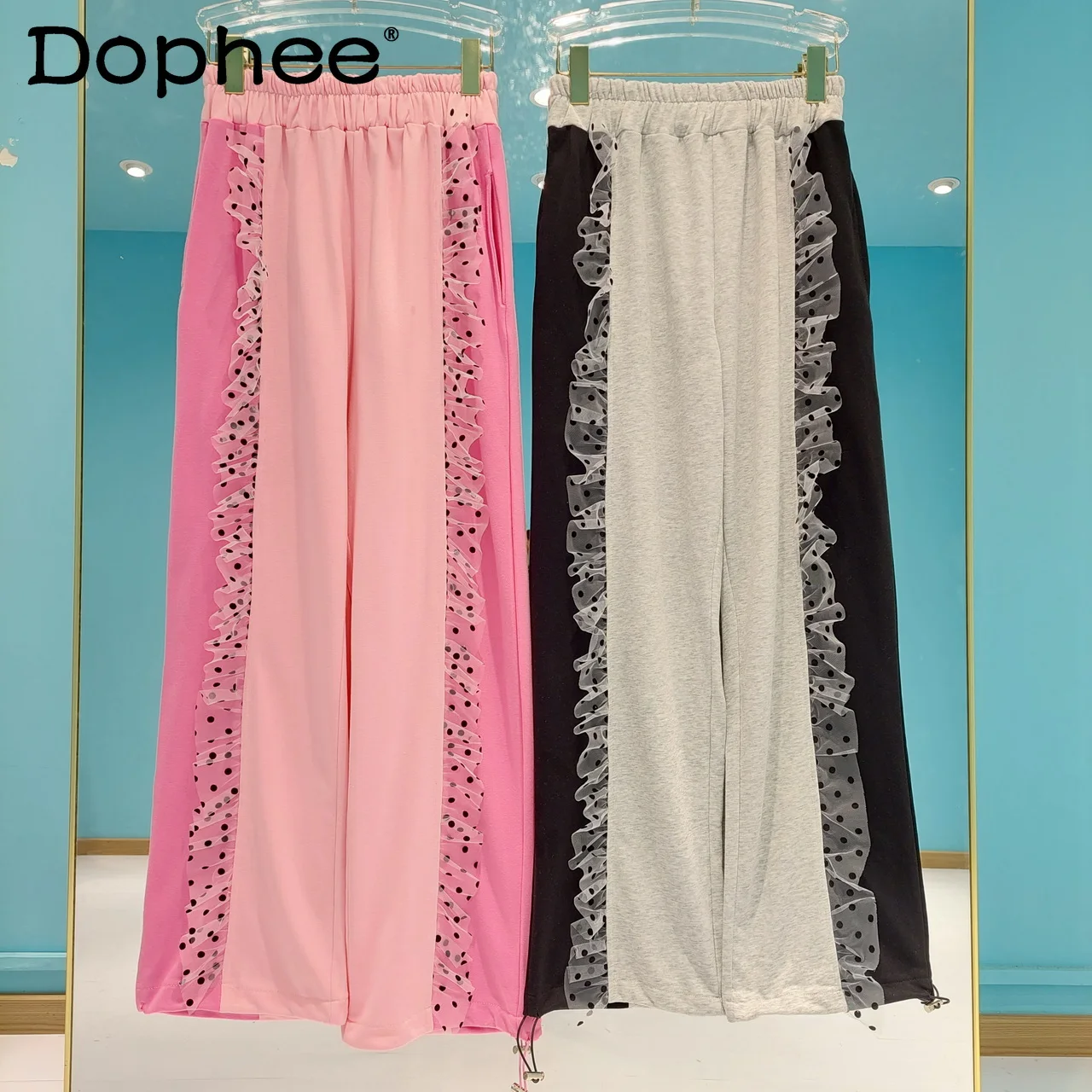 

2022 Summer New Color Matching Wide-Leg Pants Women's Adjustable Dot Mesh Pleated Lace Patchwork Pocket Casual Trousers Female