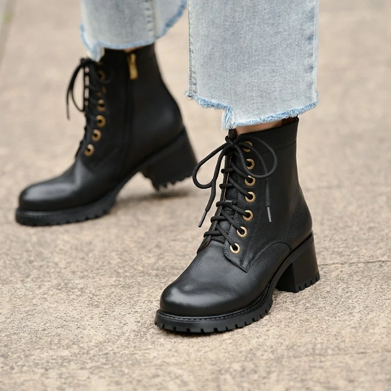 

Retro Style Winter Shoes Woman Round Toe Cowhide Casual Shoes Spring Autumn Botas Zippers Short Boots Square Heel Street Boots
