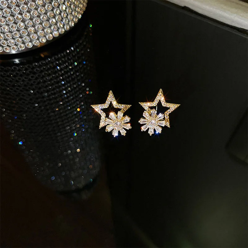 

Temperament all-match rotatable star flower zircon crystal earrings female cold wind banquet party jewelry gift