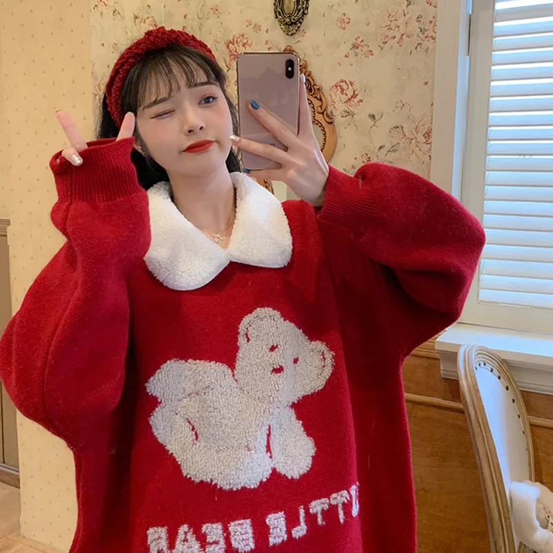 

DUOFAN 2022 Bear OversizeSweater Coat Women's Autumn And Winter Korean Fashion Kawaii Cartoon Loose Pullover Knitted Sweater Top