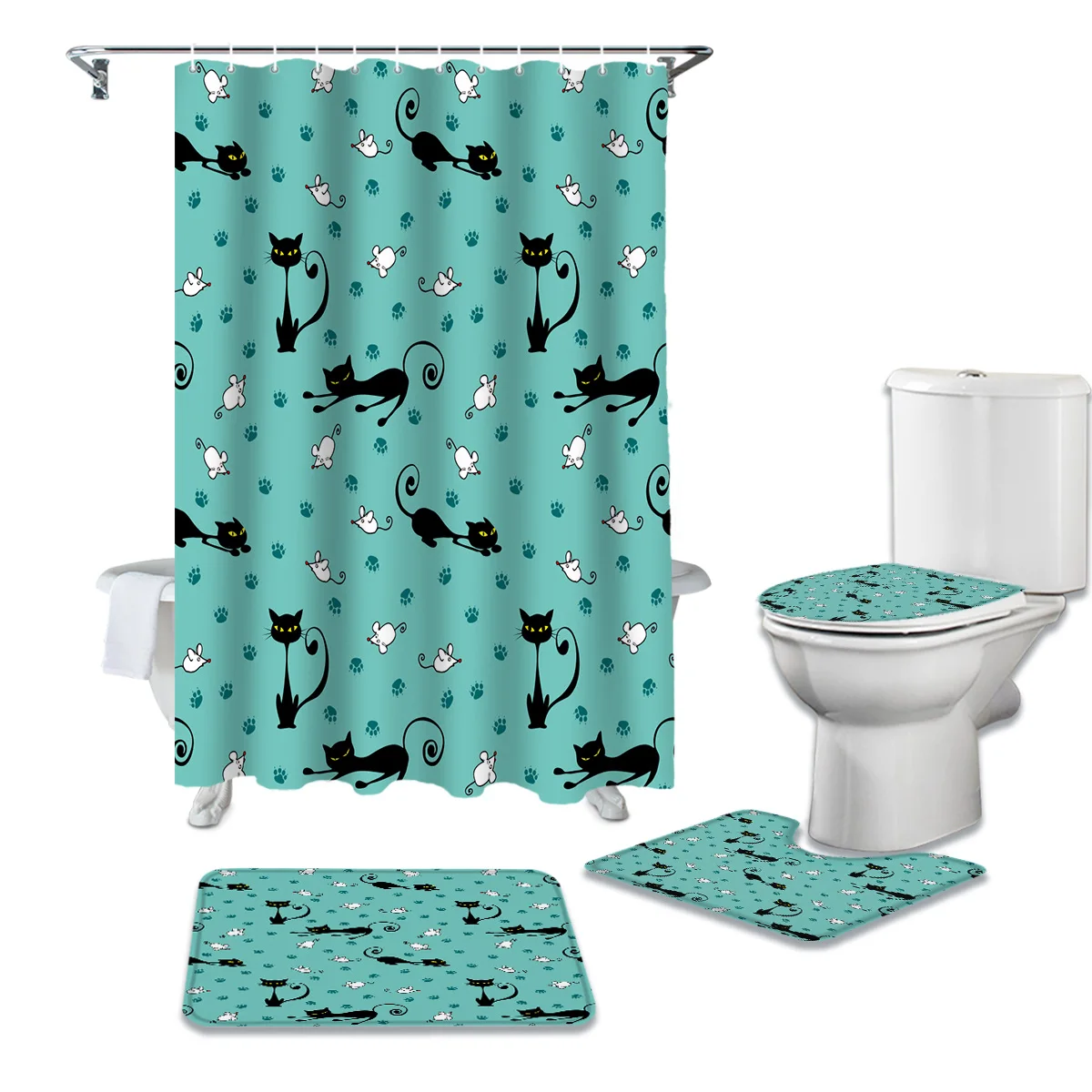

Занавеска для душа с мультяшными животными, черная, кошка, мышь, набор, ковер, крышка для унитаза, коврик для ванной, для дома