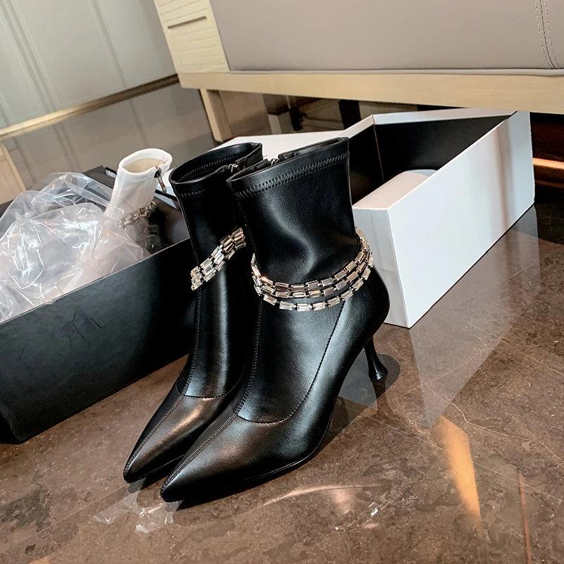 

Женские ботильоны из микрофибры, эластичные ботинки 22-2022 см с подкладкой из свиной кожи и стелькой, со стразами, цепочкой и боковой молнией, ...