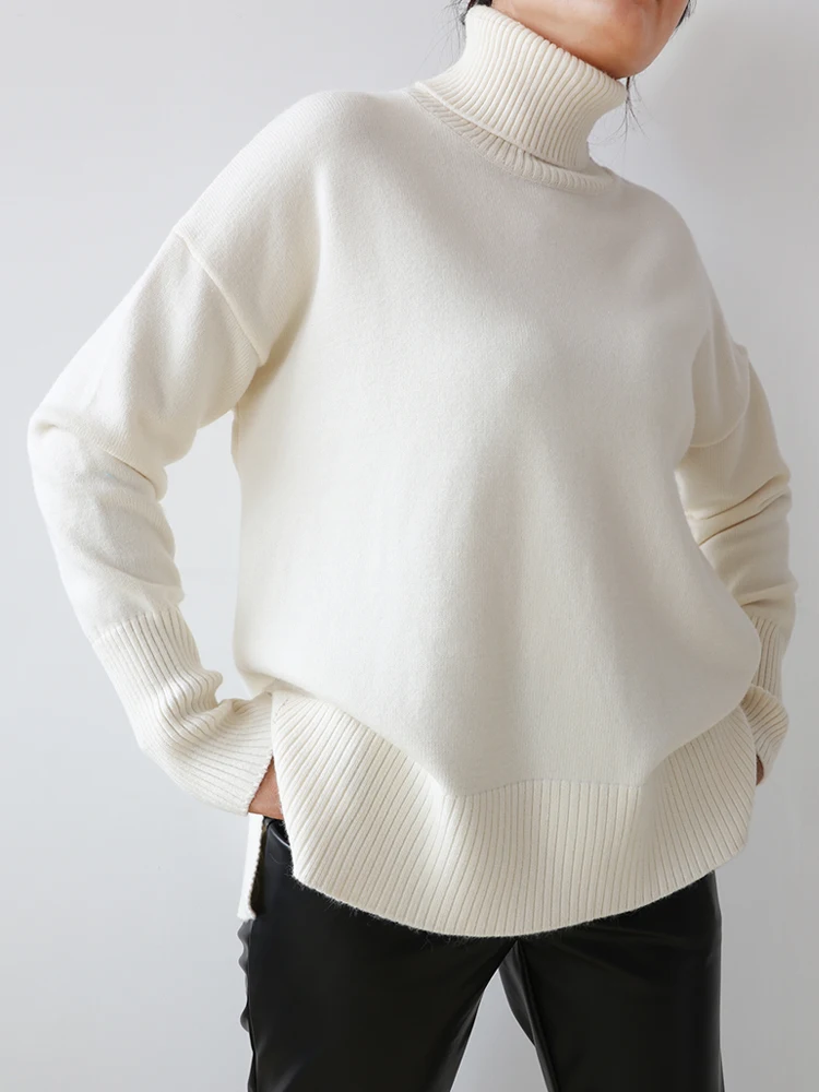 

Женская водолазка оверсайз, Осенний винтажный бежевый вязаный свитер с Боковым Разрезом, мягкий теплый пуловер для девушек, джемпер