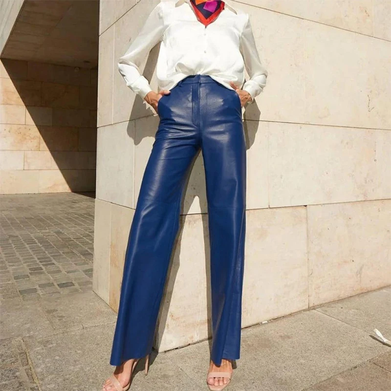 

Autumn Winter Women's PU Leather Pants Blue Slim High Waist Straight Trousers Female 2022 Elegant Fashion Streetwear Lady Pant