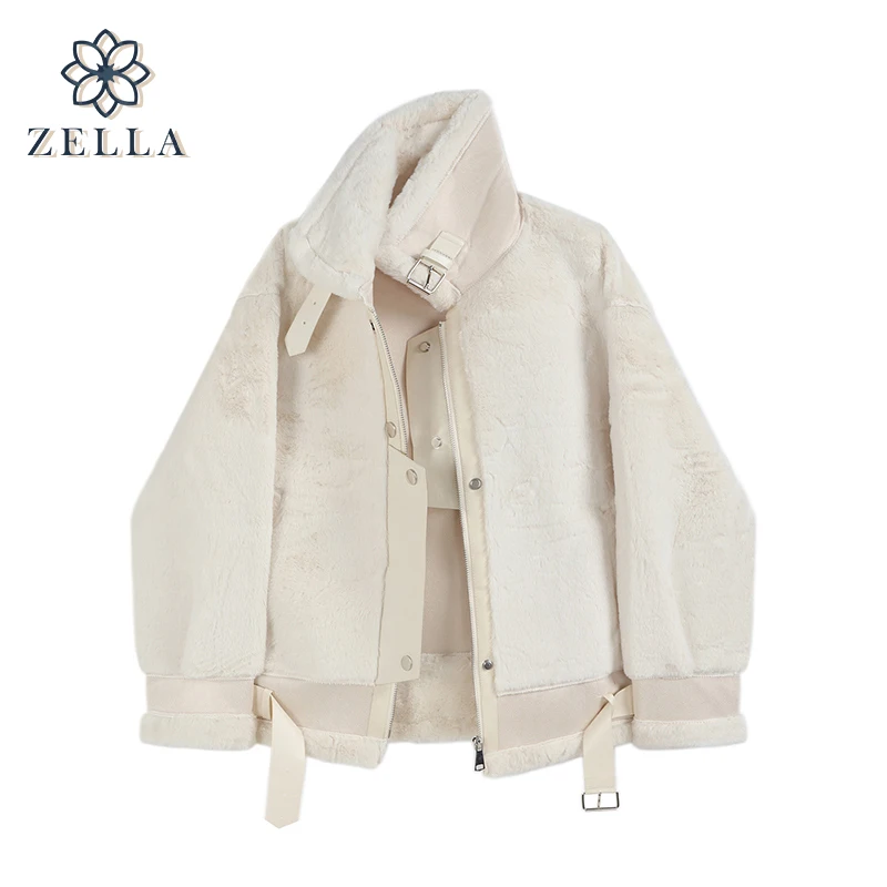 

2022 Fall Winter Women Jacket Long Sleeve Chic Coats Zipper Lapel Collar Aviator Motorcycle Lamb Wool Coat New Casual Fashion