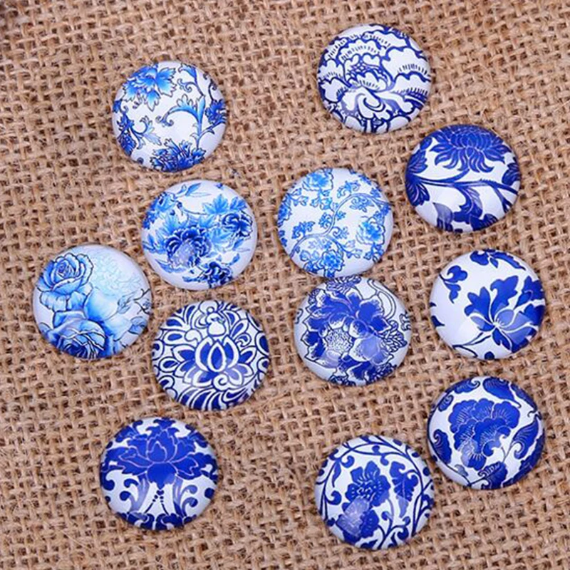 

10 12 14 16 20 mm Blue Flowers And White Pattern Round Handmade Photo Glass Cabochons Glass Dome Cover Pendant Cameo Settings
