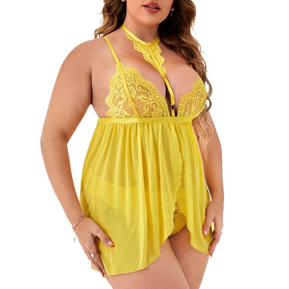 

2022 New Women Plus Size Lingerie Perspective Home LACE SLING Neck Nightdress Briefs 2Piece Set Sleepwear XL-3XL 4XL