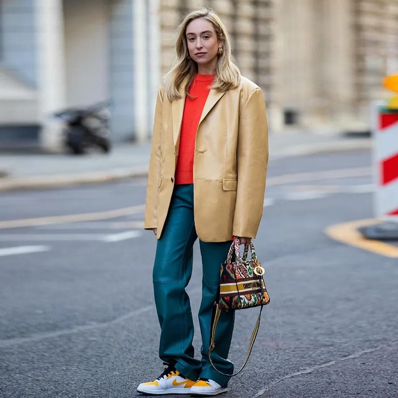 New Women's 2021 Autumn and Winter Long-sleeved Temperament Trend Solid Color Lapel Single-breasted Loose-fitting Glossy Jacket