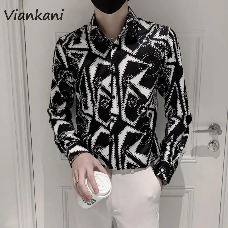 

Luxury Printed Men's Shirts Long Sleeve Slim Social Streetwear Blouse Fashion Vintage Casual Shirt Party Nightclub Men Clothing