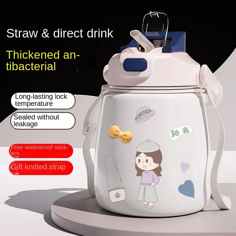 1 L Sports Water Bottle With Straw Child Insulation Cup Boy Student Girl Big Belly Insulation Water Cup Large-Capacity Kettle