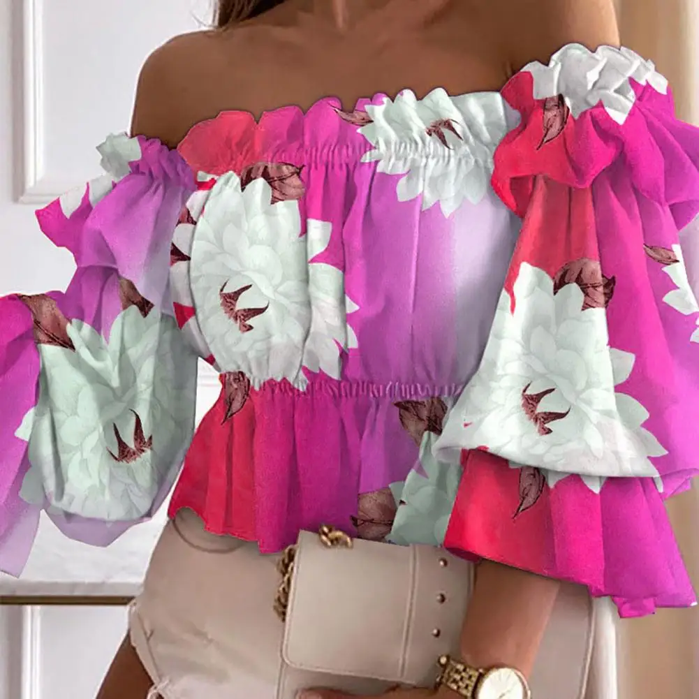 

Women Top Ruffle Trim Pullover Top Off Shoulder Gradient Color Party Blouse